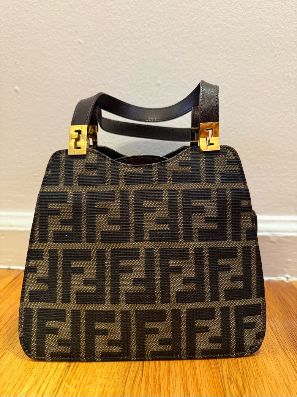 Fendi Black and Brown FF Canvas Satchel with Gold Hardware